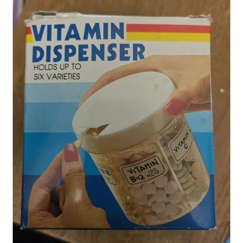 Vintage Vitamin Dispenser Organizer Clear Amber Pill Case 6 Compartment NIB